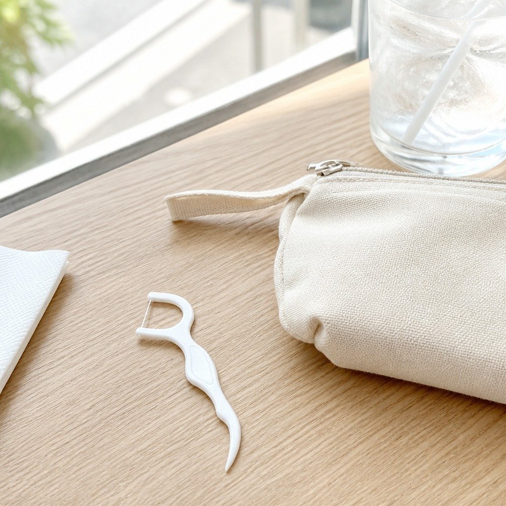 Travel dental floss pick with a pouch in a bag