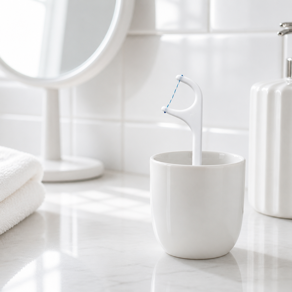 Adult Dental Floss Pick A11 - Fine Line Handle - bathroom scene