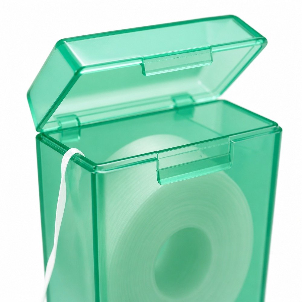 Dental Floss Box H1 - Green Translucent Flip-Top Dispenser - close-up detail