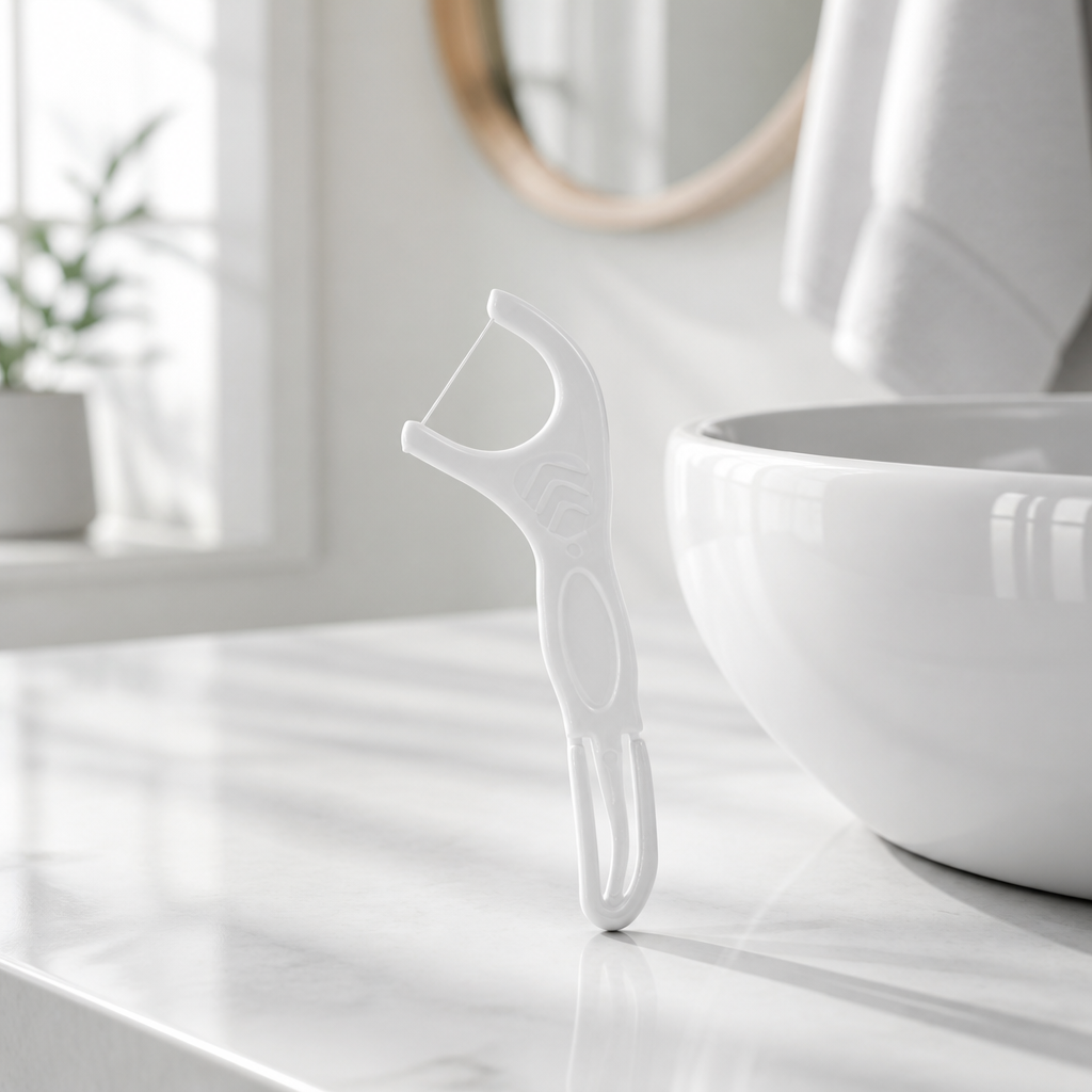Adult Dental Floss Pick A18 - Rounded Comfort Handle - bathroom scene