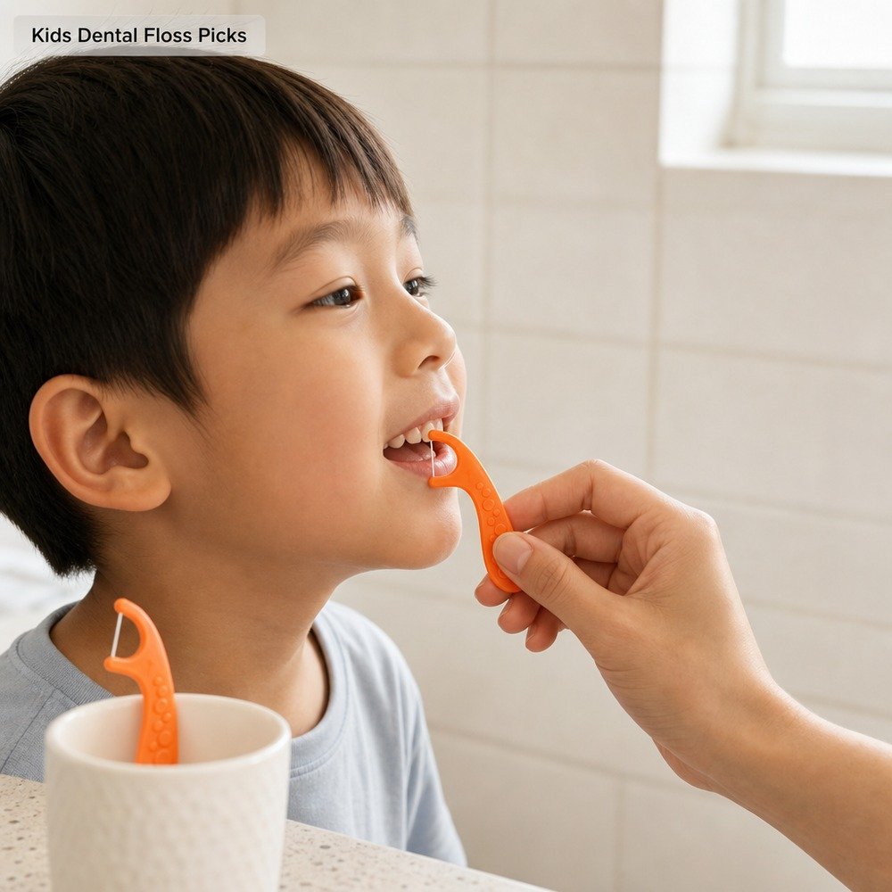 Kids Dental Floss Pick K2 - Bubble Grip Handle - in-use scene