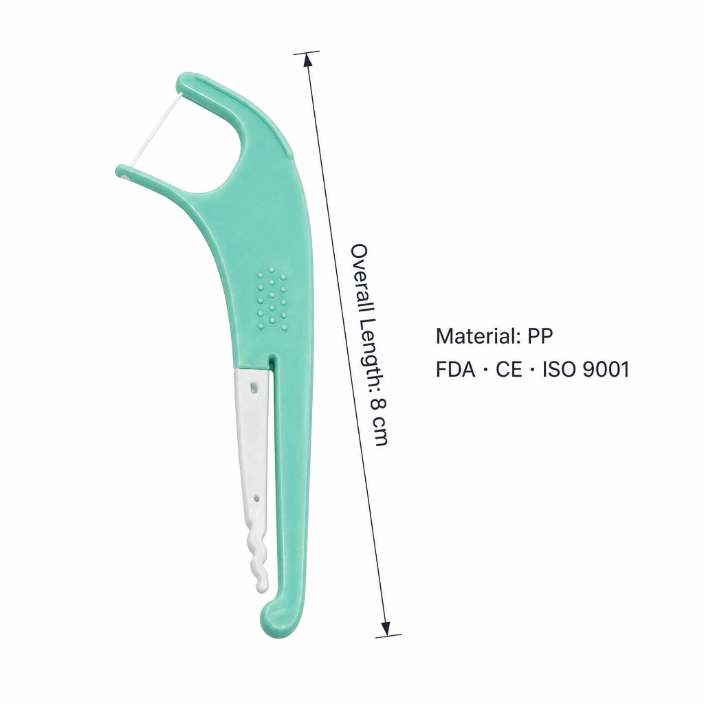Adult Dental Floss Pick A15 - Mint Green Slim Handle - specifications and dimensions