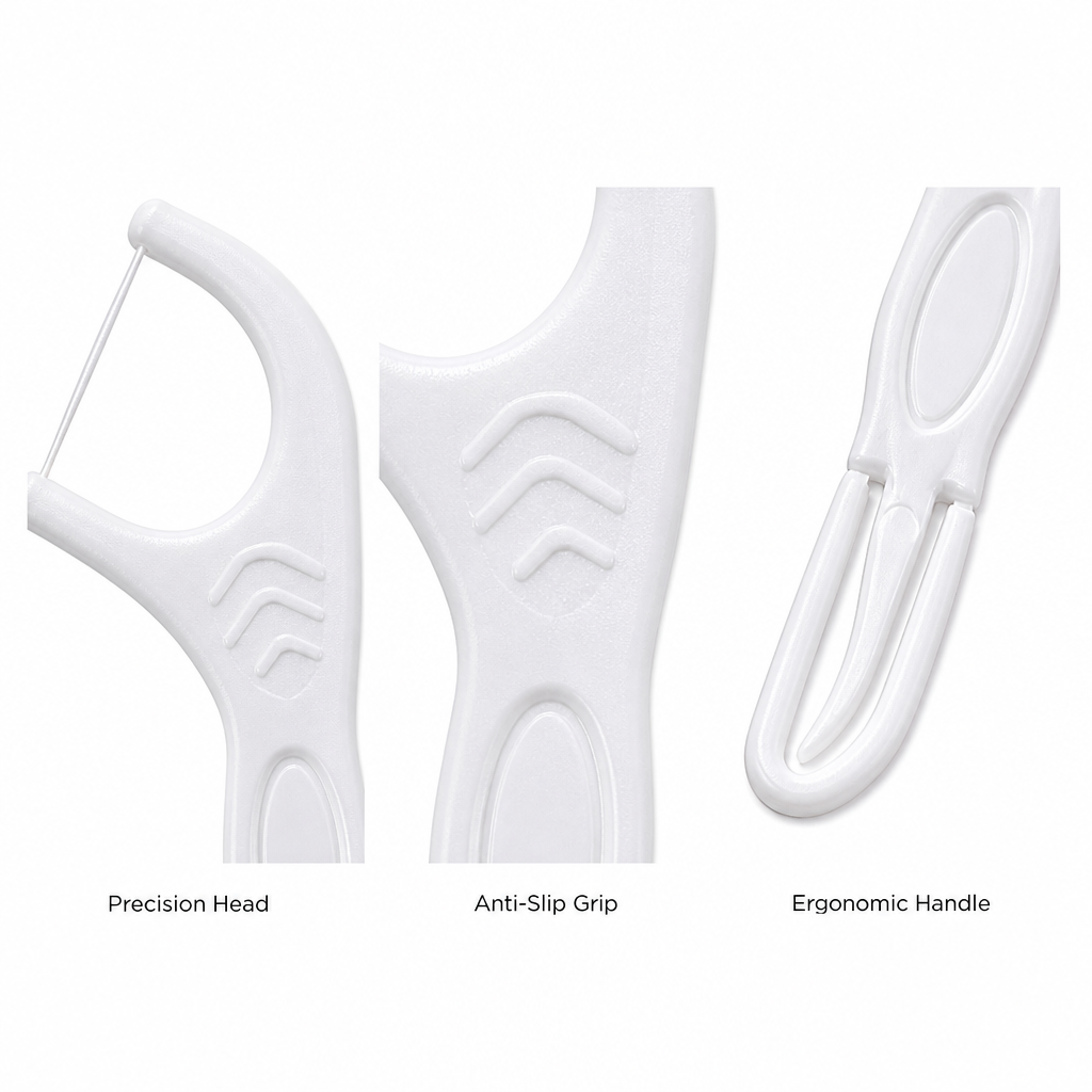 Adult Dental Floss Pick A18 - Rounded Comfort Handle - close-up detail