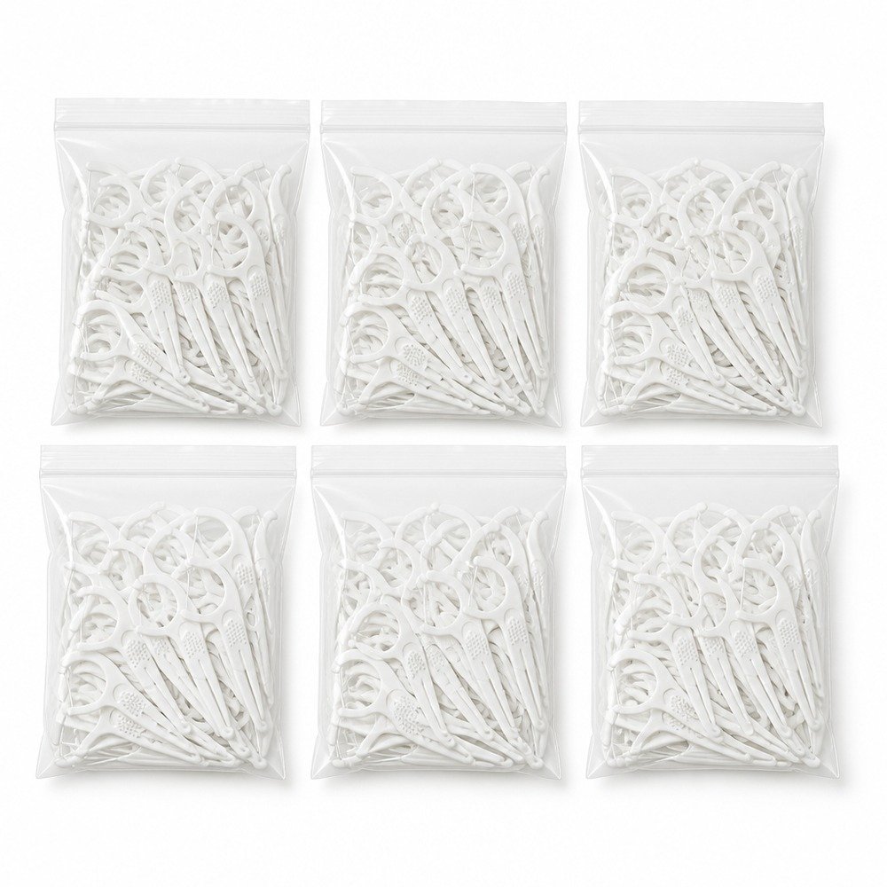 Adult Dental Floss Pick A16 - Ribbed Curve Handle - single transparent bag packaging