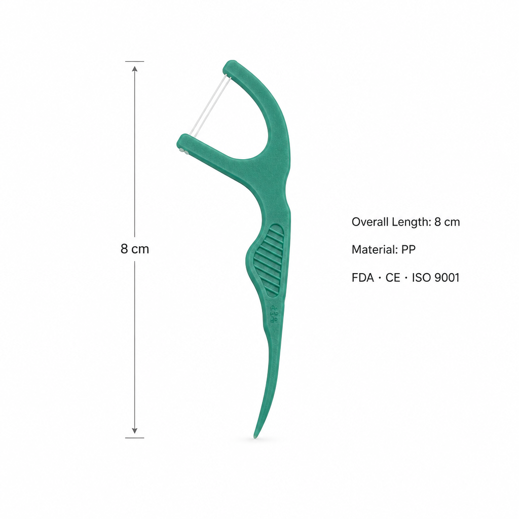 Adult Dental Floss Pick A14 - Green Anti-Slip Grip Handle - specifications and dimensions