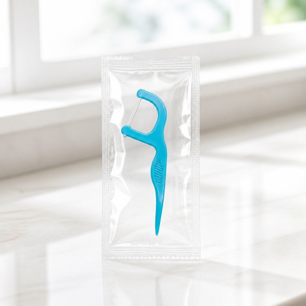 Kids Dental Floss Pick K4 - Slim Blue Handle - single pack packaging