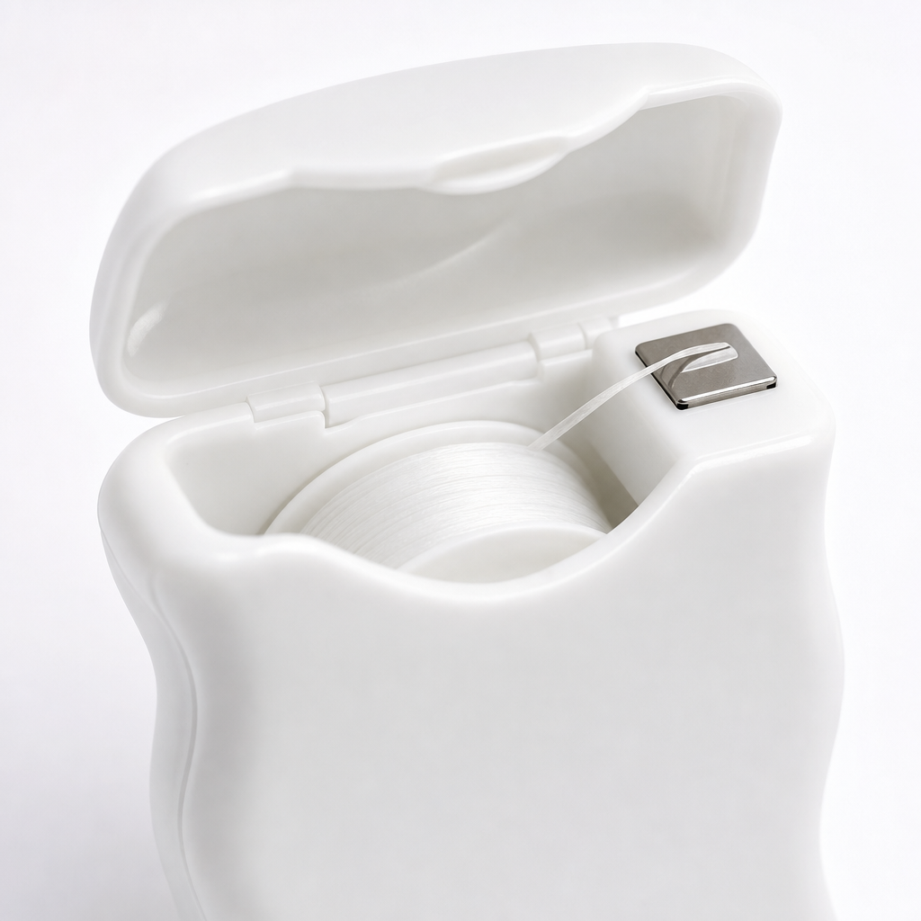 Dental Floss Box H2 - White Flip-Top Dispenser - close-up detail