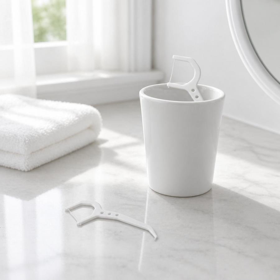 Dental floss pick on a bathroom washstand