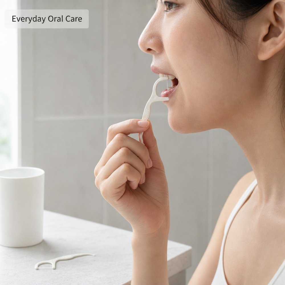 Adult Dental Floss Pick A2 - Contoured Grip Handle - in-use scene