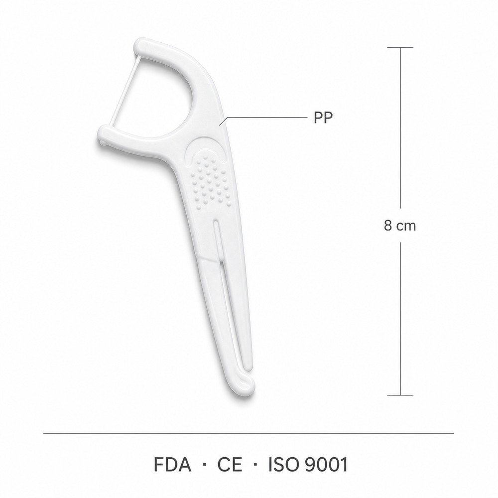 Adult Dental Floss Pick A16 - Ribbed Curve Handle - specifications and dimensions