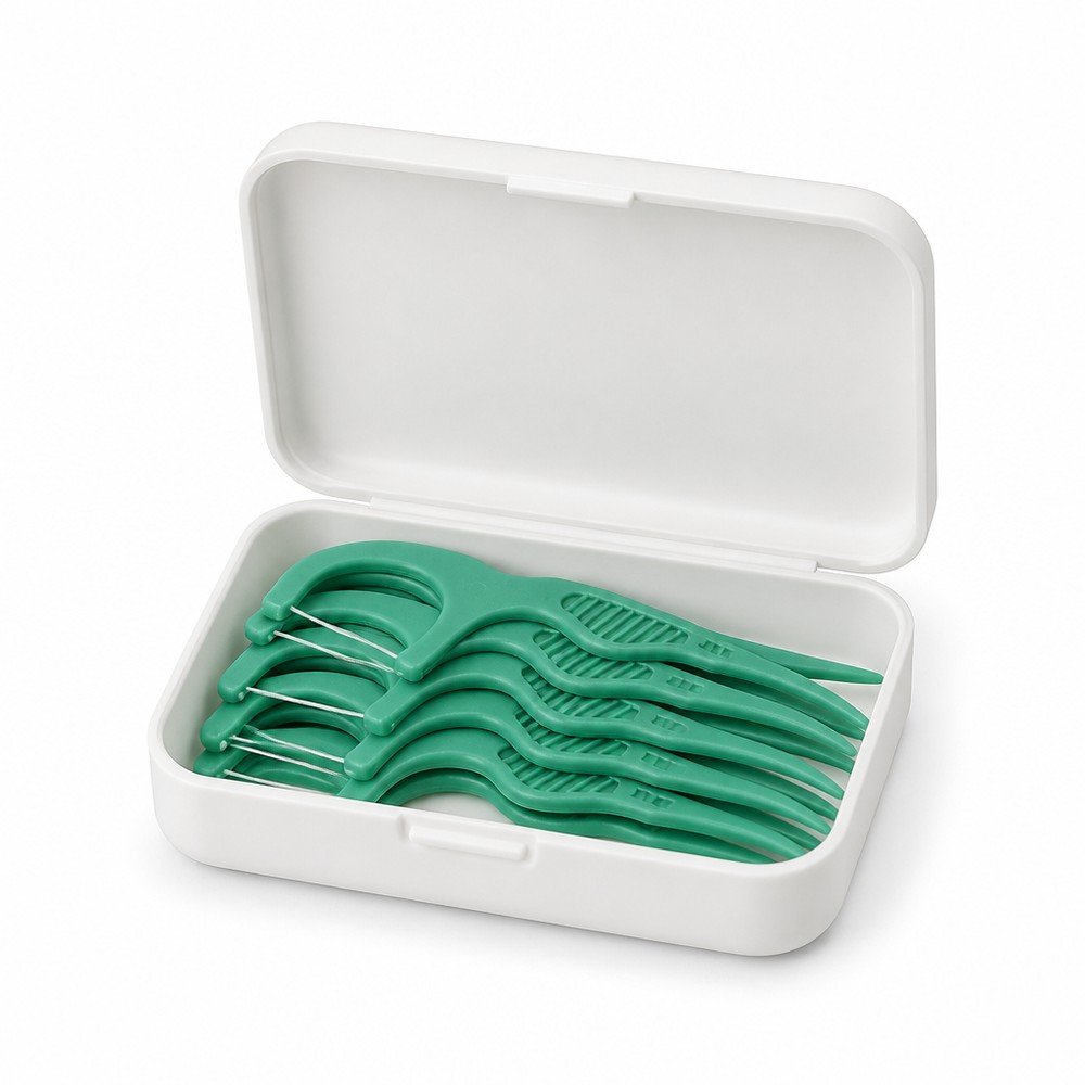 Adult Dental Floss Pick A14 - Green Anti-Slip Grip Handle - travel and on-the-go use