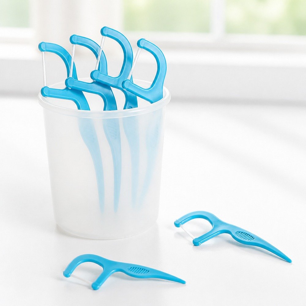 Kids Dental Floss Pick K4 - Slim Blue Handle - bulk tub packaging