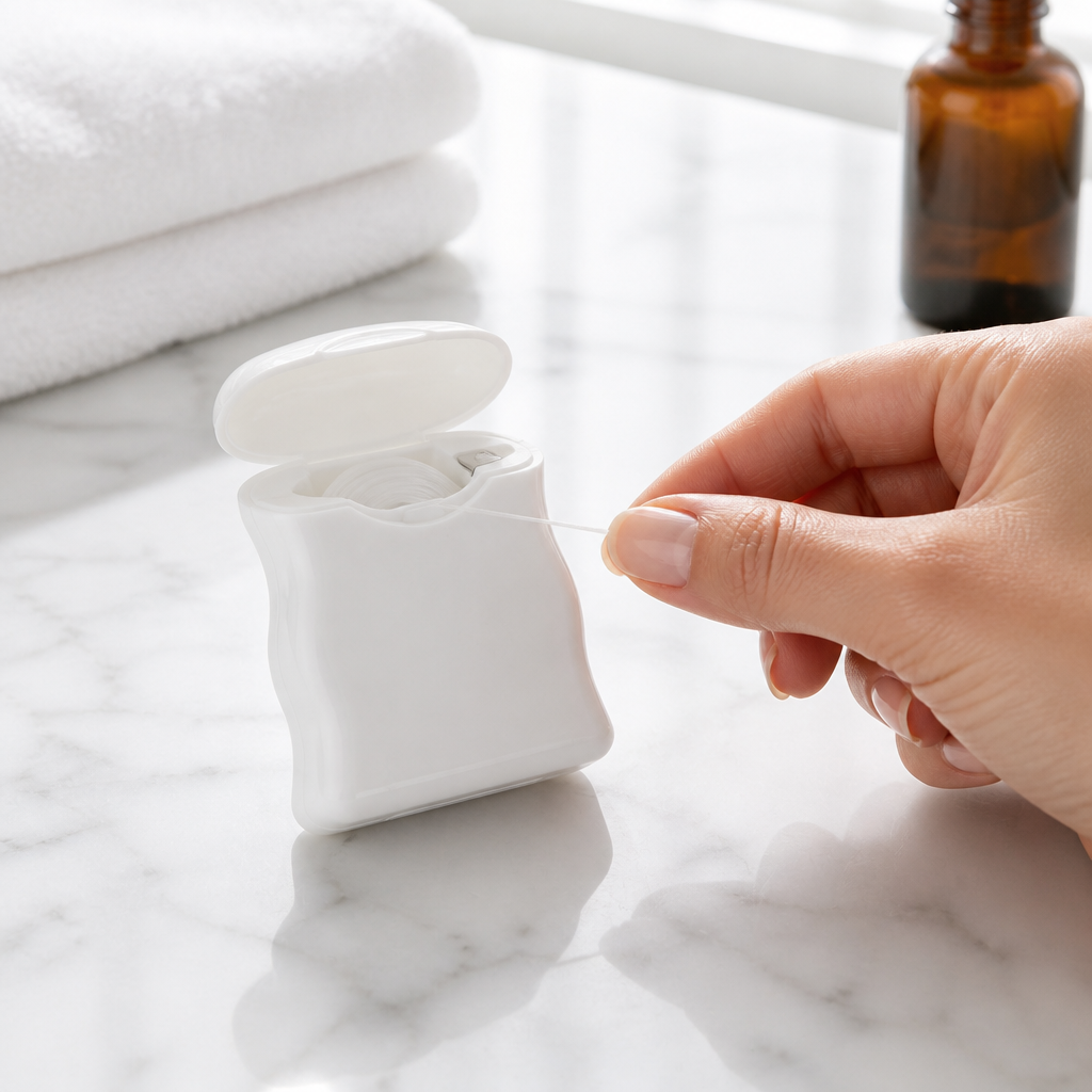 Dental Floss Box H2 - White Flip-Top Dispenser - in use