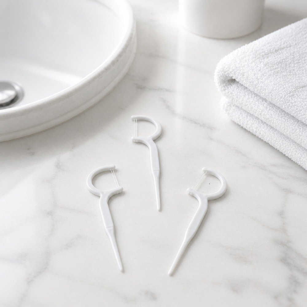 Adult Dental Floss Pick A8 - Flexible Slim Handle - bathroom scene