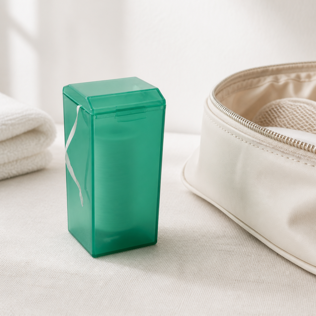 Dental Floss Box H1 - Green Translucent Flip-Top Dispenser - travel and on-the-go use