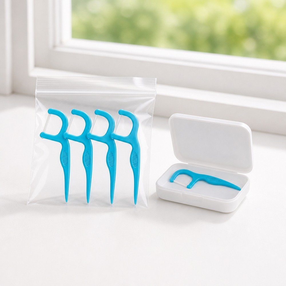 Kids Dental Floss Pick K4 - Slim Blue Handle - bag and case packaging