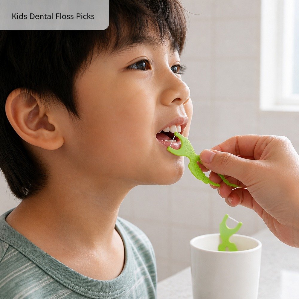 Child using a kids dental floss pick