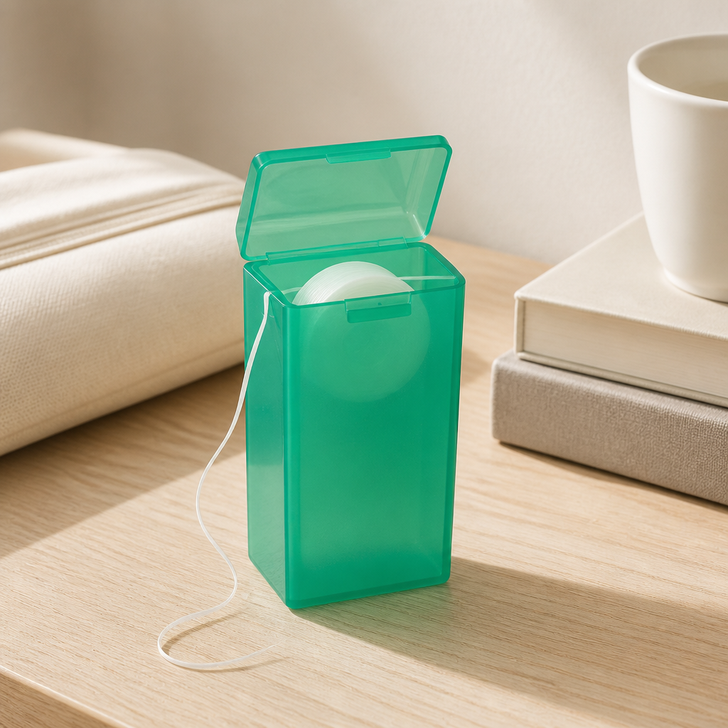 Dental Floss Box H1 - Green Translucent Flip-Top Dispenser - travel and on-the-go use