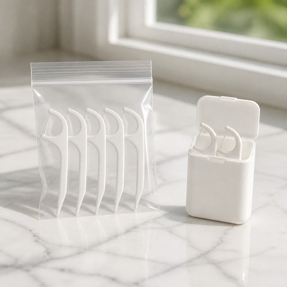 Adult Dental Floss Pick A4 - Wide Flat Handle - bag and case packaging