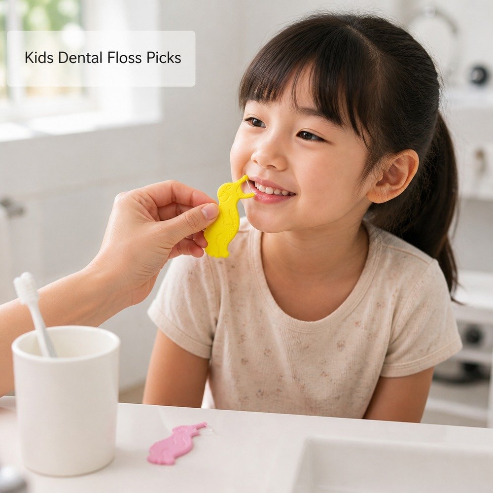 Kids Dental Floss Pick K3 - Cat Character - in-use scene