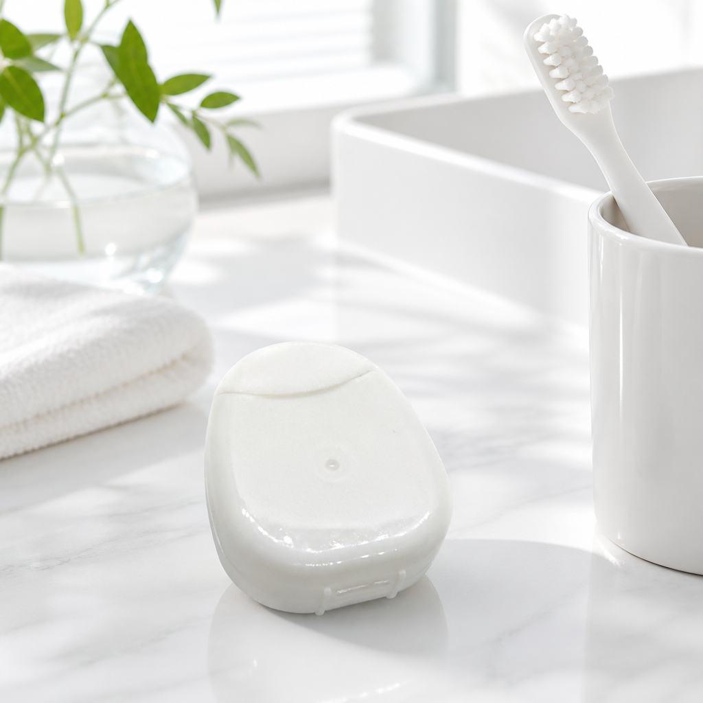 Dental Floss Box H3 - Compact Oval Flip-Top Dispenser - bathroom scene