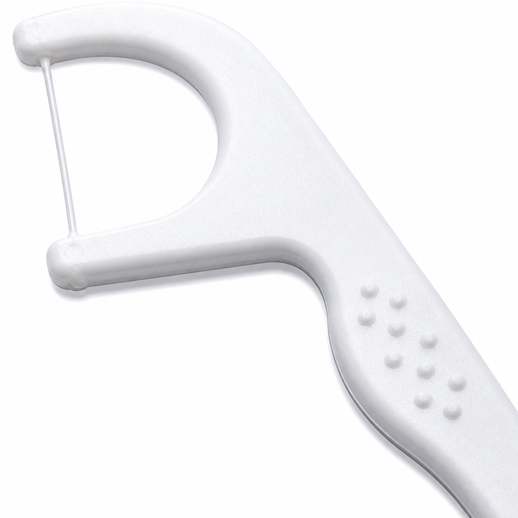 Adult Dental Floss Pick A9 - Angled Head Handle - close-up detail