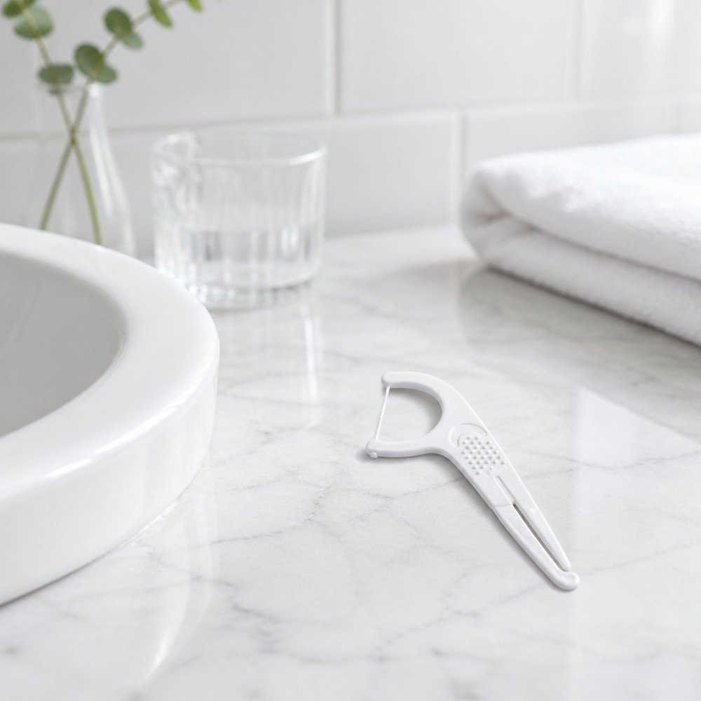 Adult Dental Floss Pick A16 - Ribbed Curve Handle - bathroom scene