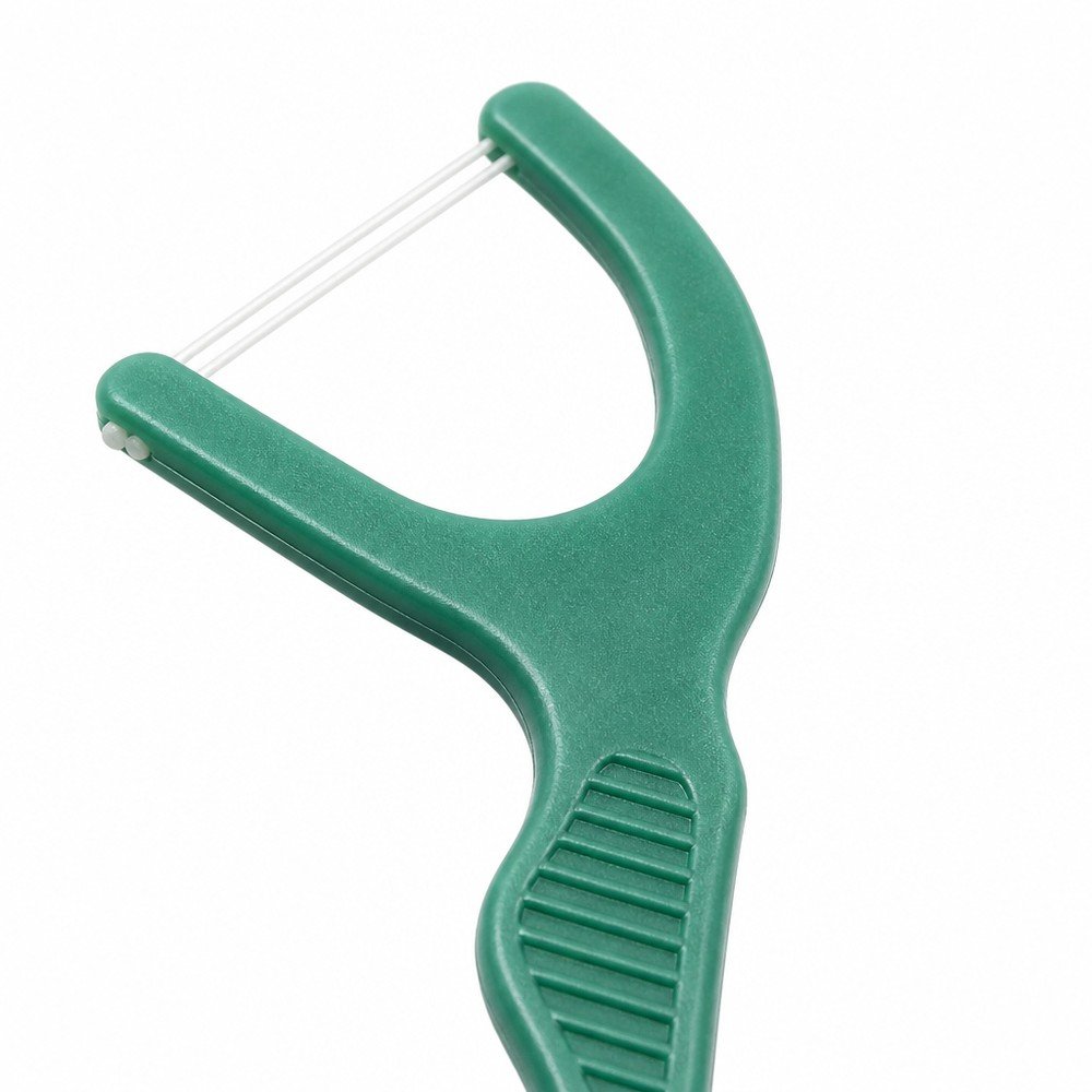 Adult Dental Floss Pick A14 - Green Anti-Slip Grip Handle - close-up detail