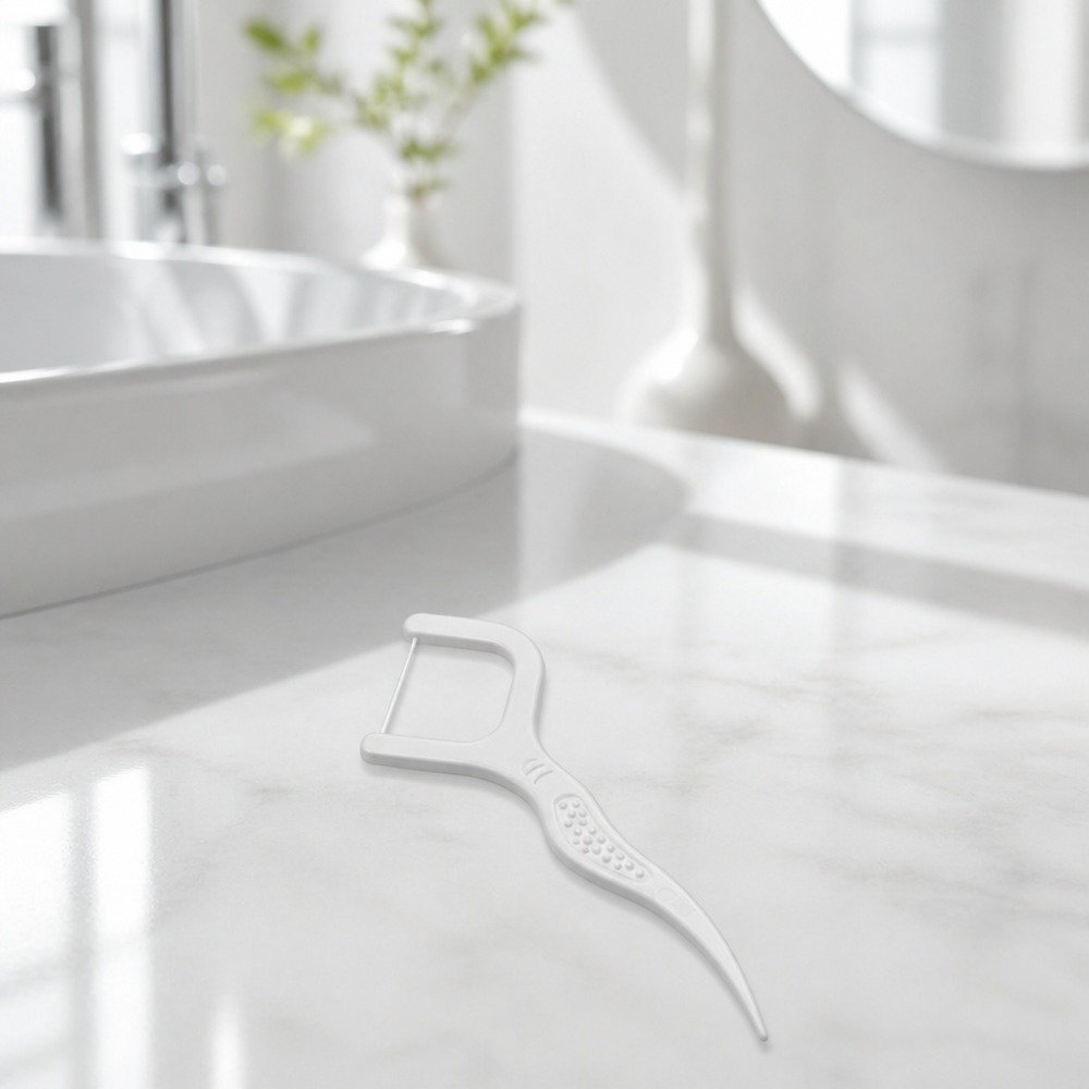 Adult Dental Floss Pick A7 - Wave Grip Handle - bathroom scene
