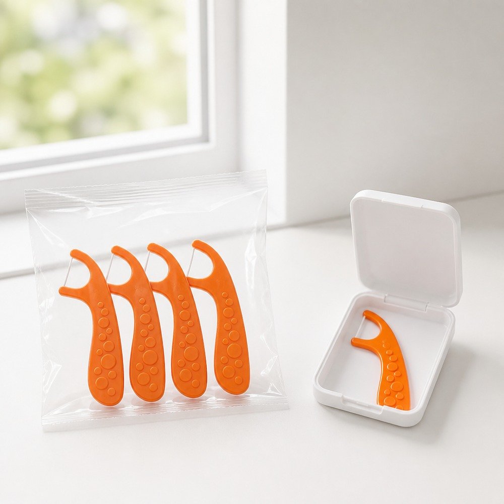 Kids Dental Floss Pick K2 - Bubble Grip Handle - bag and case packaging
