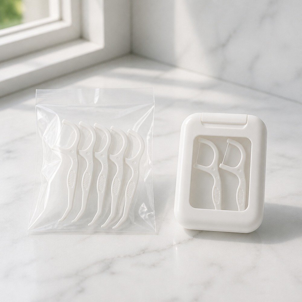 Adult Dental Floss Pick A2 - Contoured Grip Handle - bag and case packaging