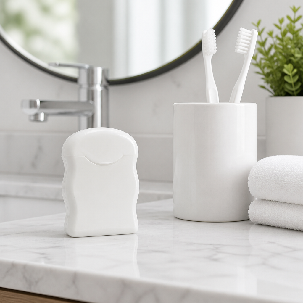 Dental Floss Box H2 - White Flip-Top Dispenser - bathroom scene