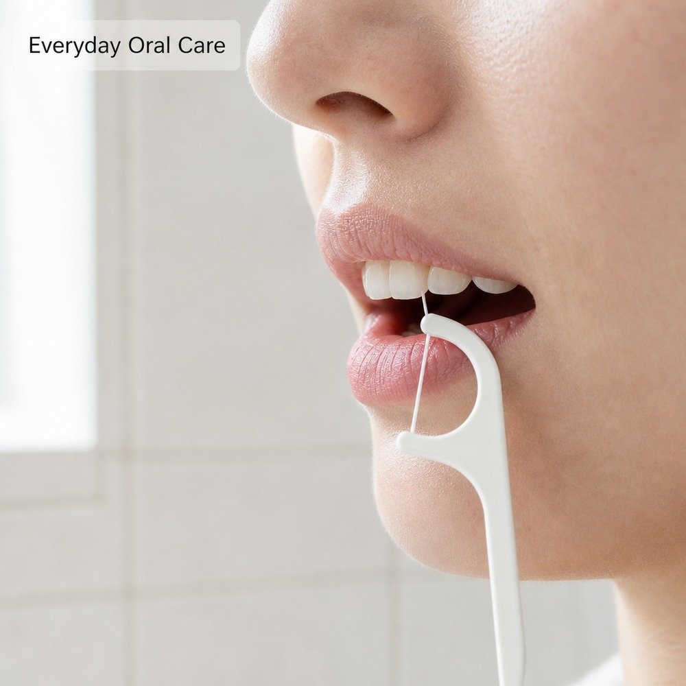 Adult Dental Floss Pick A4 - Wide Flat Handle - in-use scene