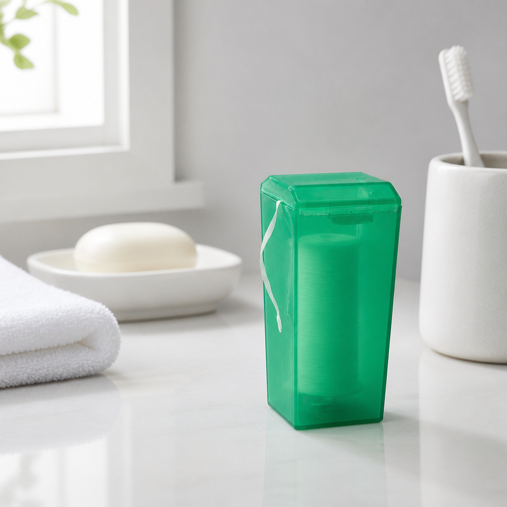 Dental Floss Box H1 - Green Translucent Flip-Top Dispenser - bathroom scene