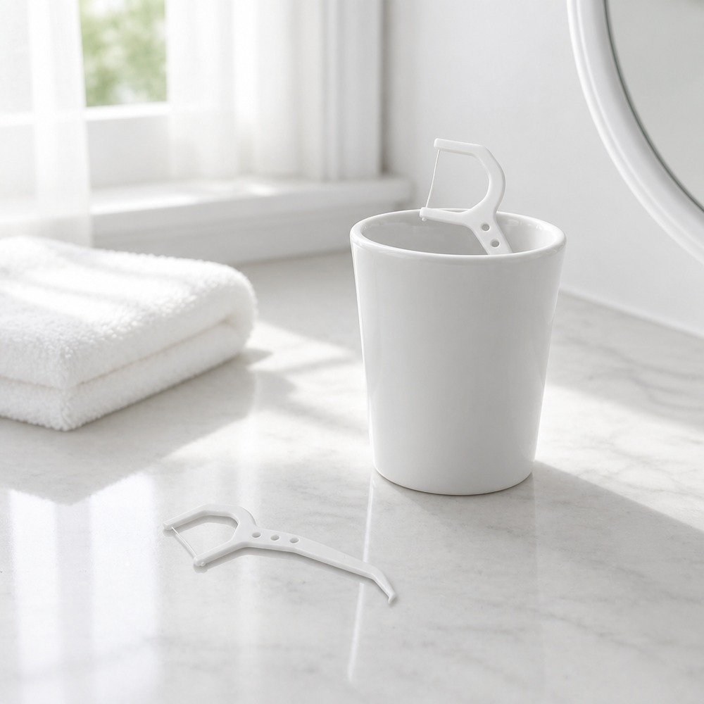 Adult Dental Floss Pick A6 - Sleek Long Handle - bathroom scene