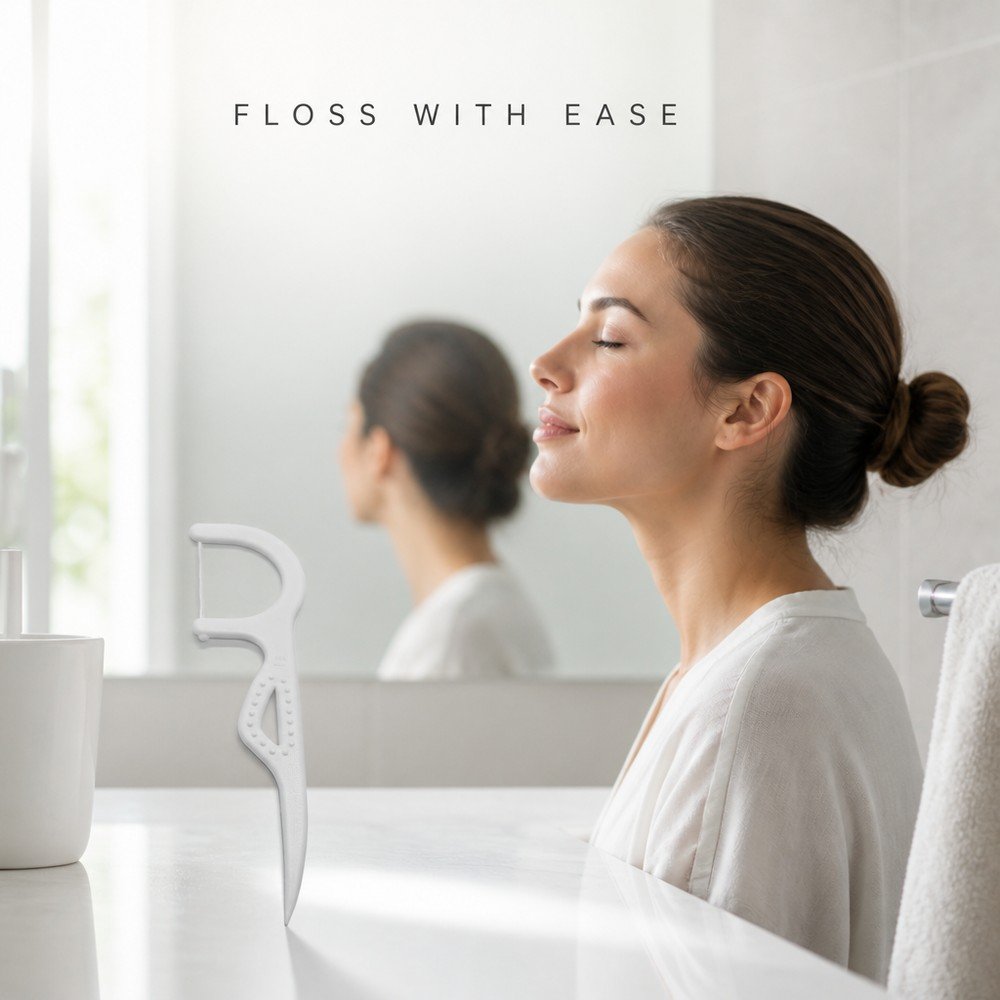 Adult Dental Floss Pick A12 - Textured Panel Handle - in use