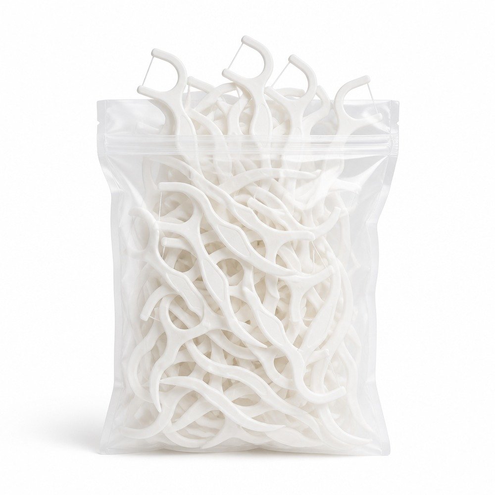 Adult Dental Floss Pick A13 - Slim Wave Handle - single transparent bag packaging