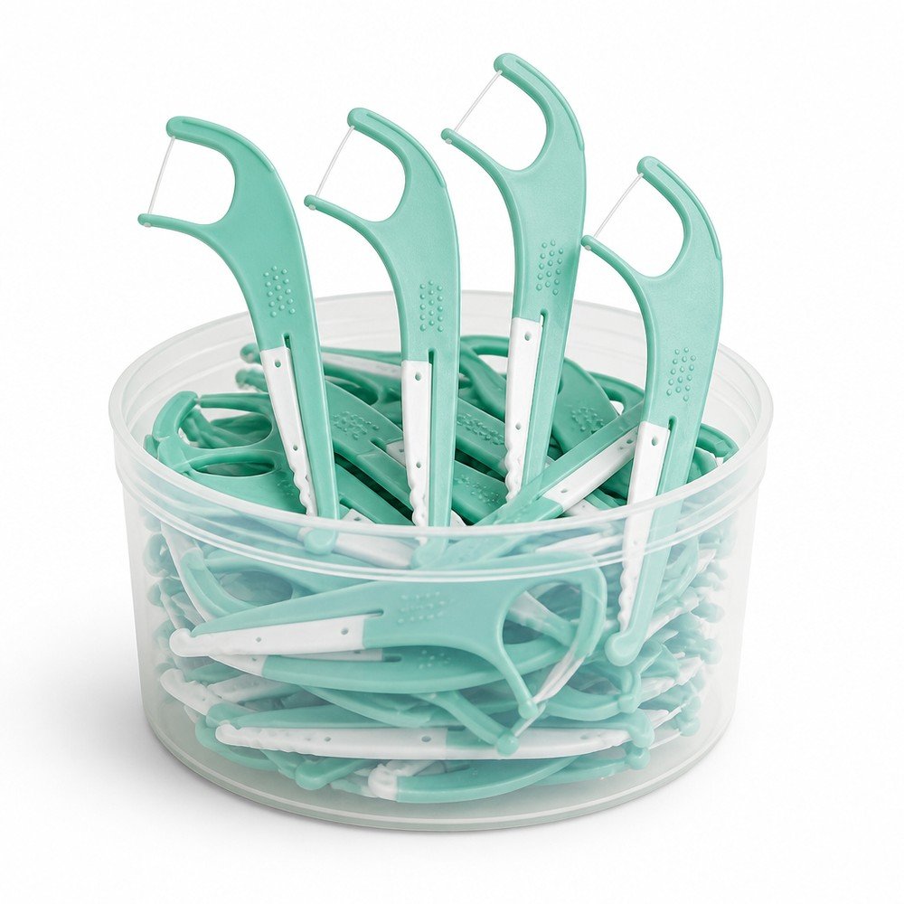 Adult Dental Floss Pick A15 - Mint Green Slim Handle - bulk tub packaging