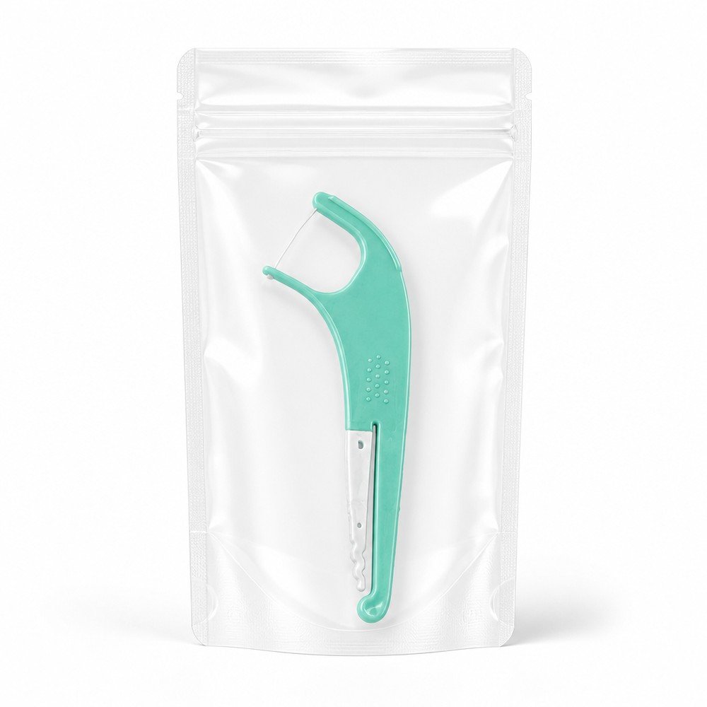 Adult Dental Floss Pick A15 - Mint Green Slim Handle - single transparent bag packaging