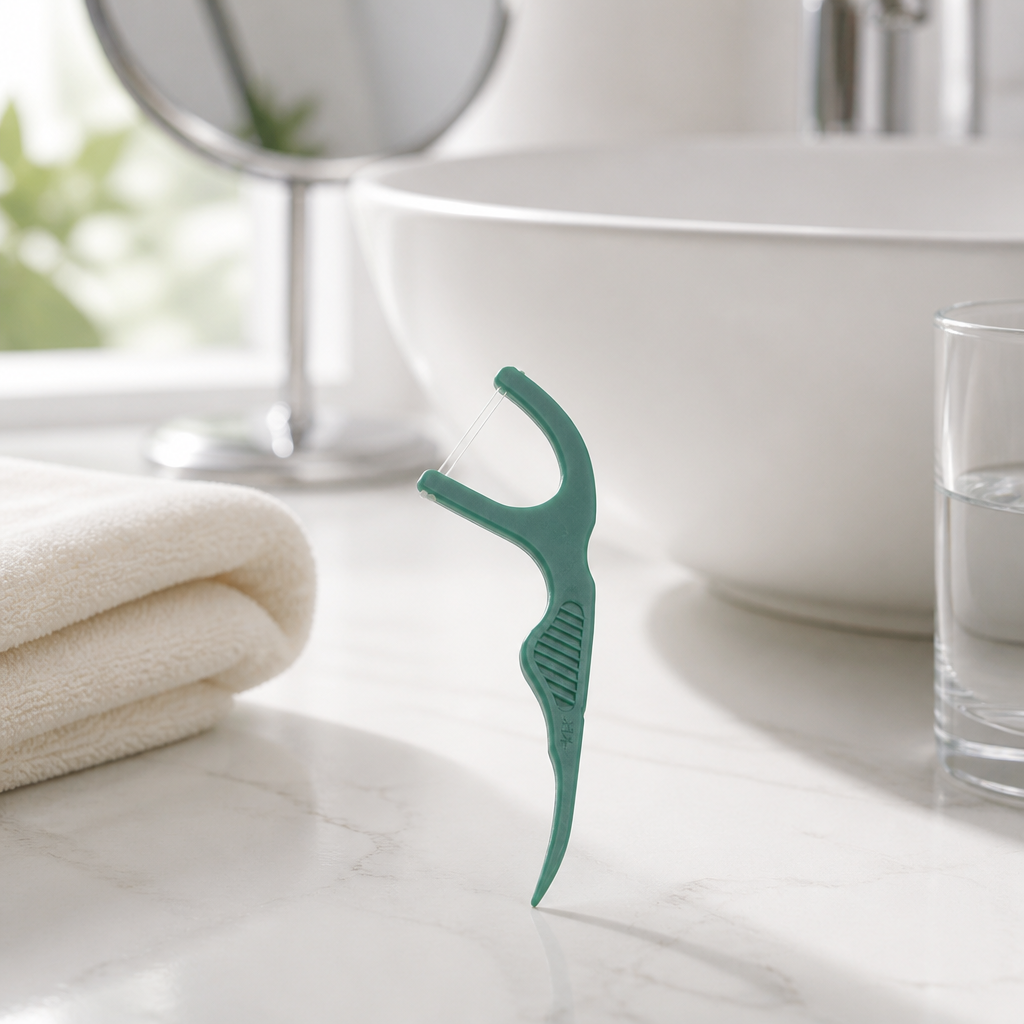 Adult Dental Floss Pick A14 - Green Anti-Slip Grip Handle - bathroom scene