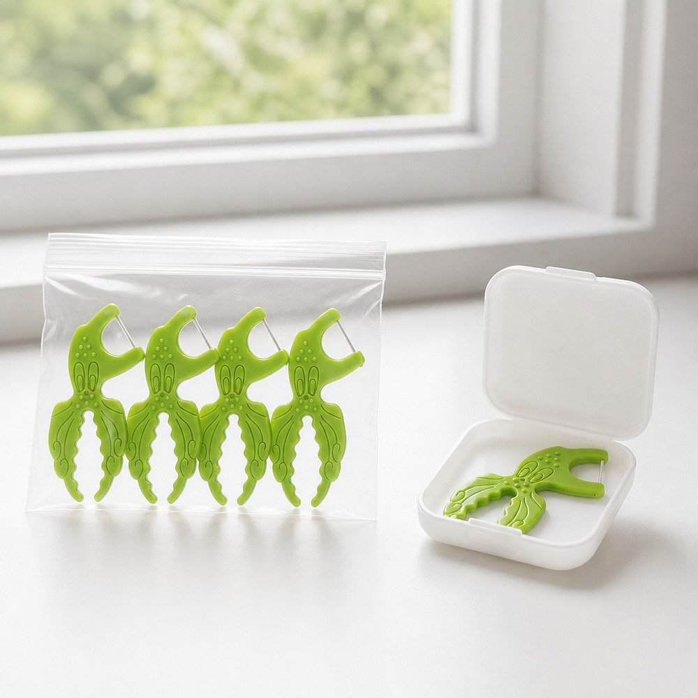 Kids Dental Floss Pick K1 - Crocodile Character - bag and case packaging