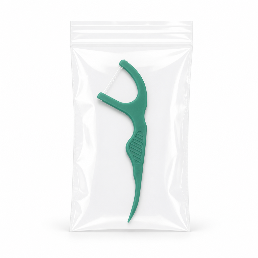 Adult Dental Floss Pick A14 - Green Anti-Slip Grip Handle - single transparent bag packaging