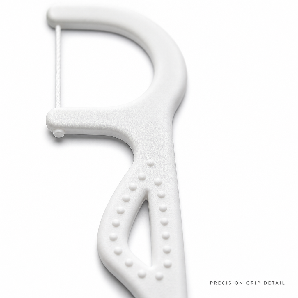 Adult Dental Floss Pick A12 - Textured Panel Handle - close-up detail