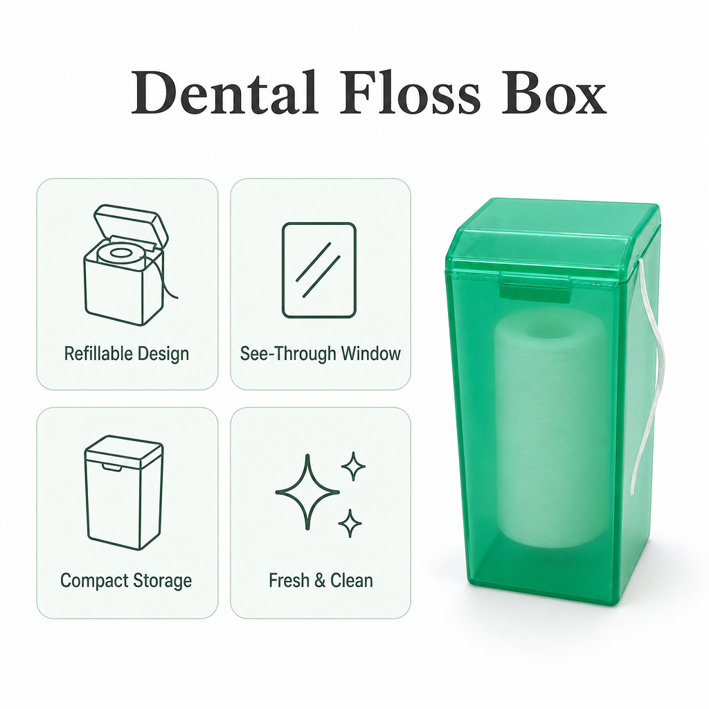 Dental Floss Box H1 - Green Translucent Flip-Top Dispenser - key product features