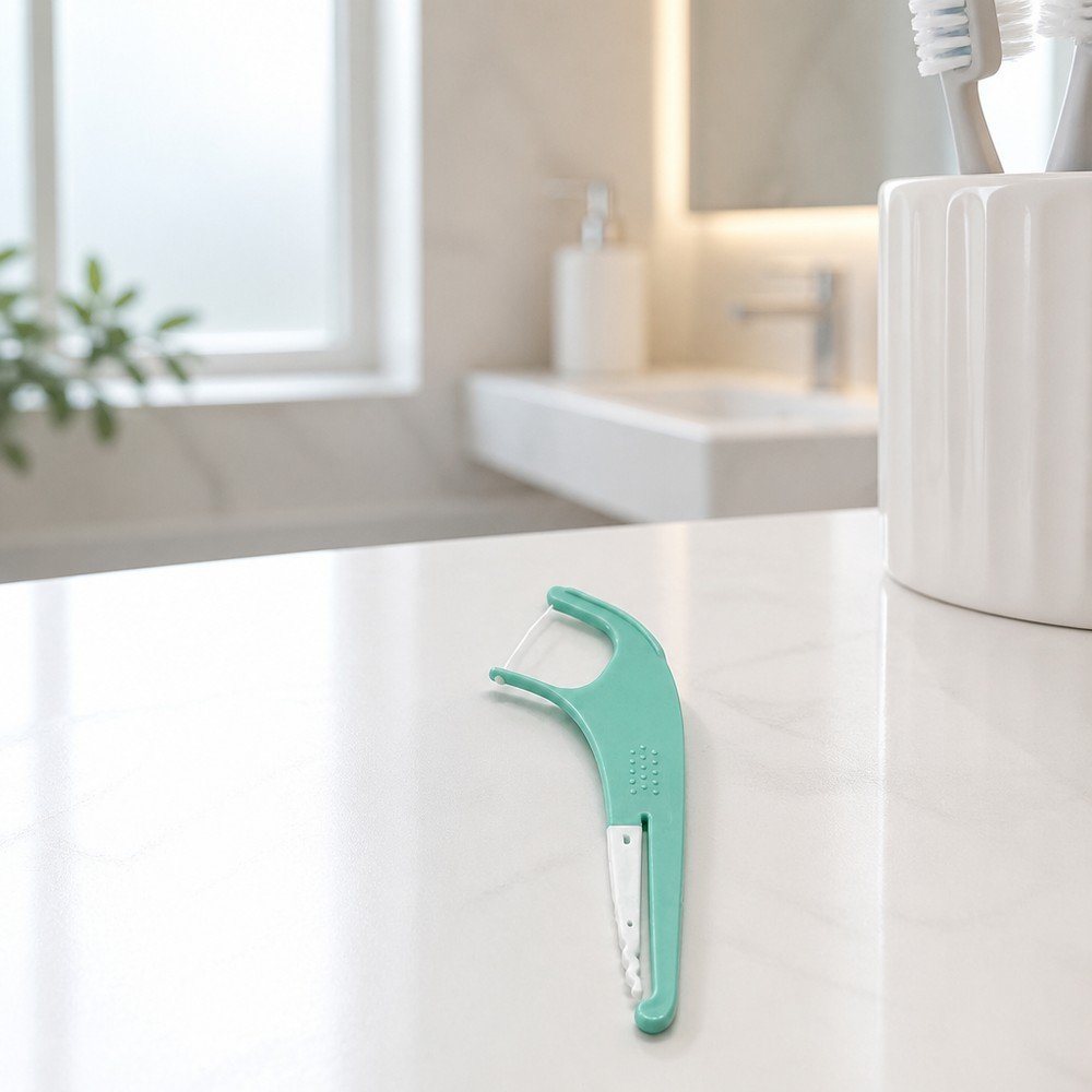Adult Dental Floss Pick A15 - Mint Green Slim Handle - bathroom scene